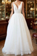 Long A Line Open Back Sequins Tulle Backless Wedding Dresses