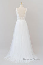 Long A Line Open Back V Neck Lace Tulle Wedding Dresses