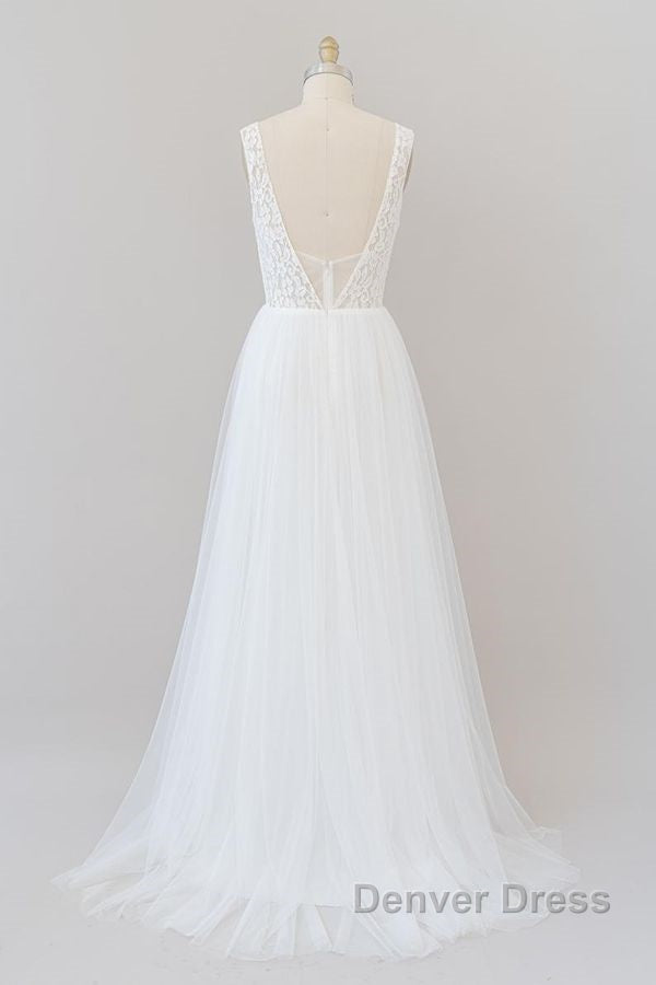 Long A Line Open Back V Neck Lace Tulle Wedding Dresses