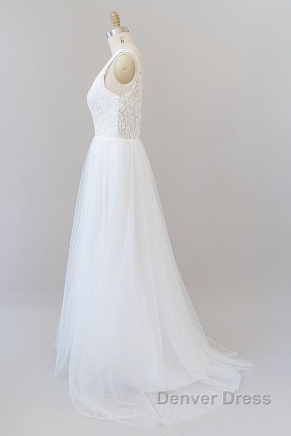 Long A-line Open Back V-neck Lace Tulle Wedding Dresses