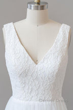 Long A Line Open Back V Neck Lace Tulle Wedding Dresses