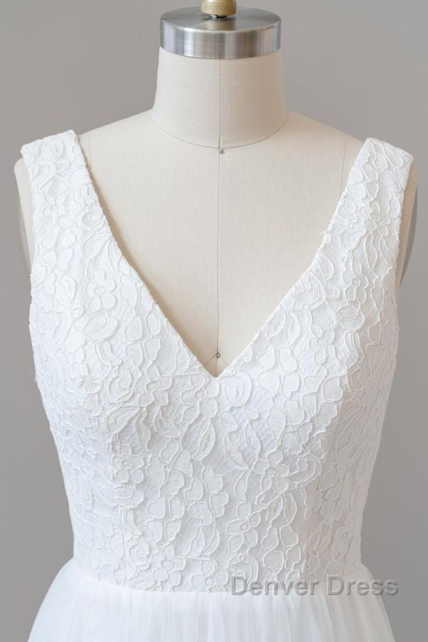 Long A Line Open Back V Neck Lace Tulle Wedding Dresses