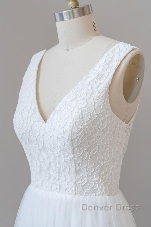 Long A-line Open Back V-neck Lace Tulle Wedding Dresses