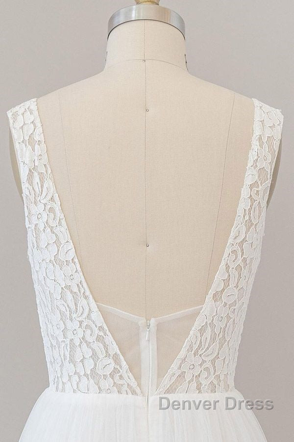 Long A-line Open Back V-neck Lace Tulle Wedding Dresses