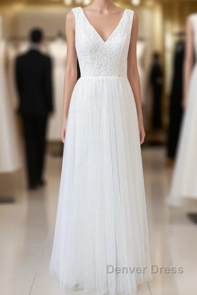 Long A Line Open Back V Neck Lace Tulle Wedding Dresses Main image