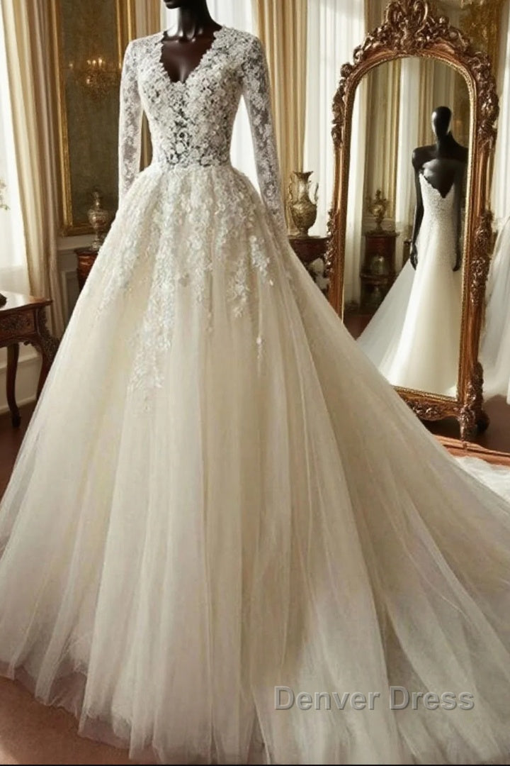 Long A Line Organza Lace Wedding Dresses with Sleeves Main image