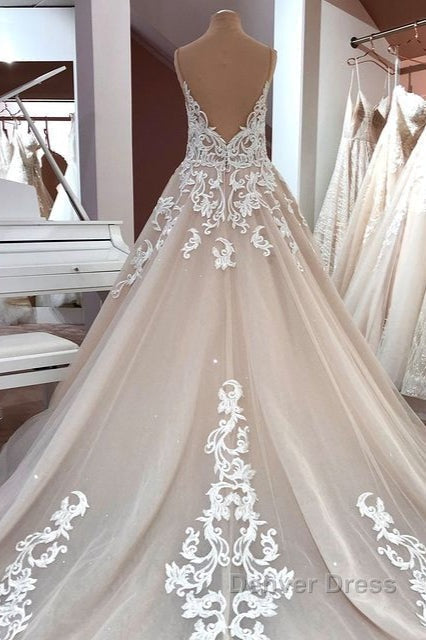 Long A-Line Sequin Tulle Spaghetti Straps Appliques Lace Wedding Dresses Secondary image