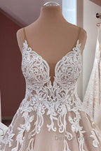 Long A-Line Sequin Tulle Spaghetti Straps Appliques Lace Wedding Dresses