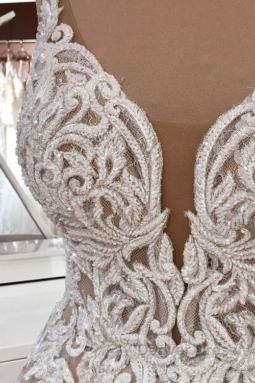 Long A Line Sequin Tulle Spaghetti Straps Appliques Lace Wedding Dresses