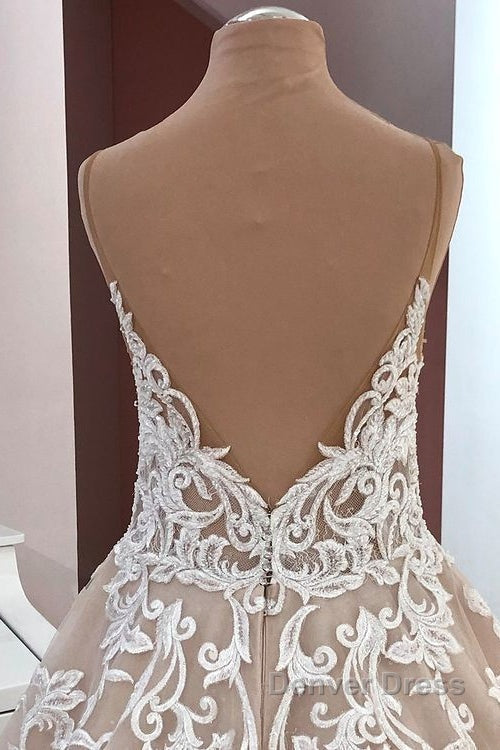 Long A-Line Sequin Tulle Spaghetti Straps Appliques Lace Wedding Dresses