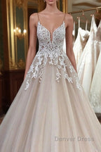 Long A-Line Sequin Tulle Spaghetti Straps Appliques Lace Wedding Dresses