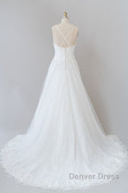 Long A-line Spaghetti Strap Applique Tulle Backless Wedding Dresses