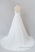 Long A Line Spaghetti Strap Applique Tulle Backless Wedding Dresses