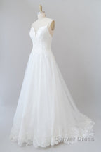 Long A-line Spaghetti Strap Applique Tulle Backless Wedding Dresses