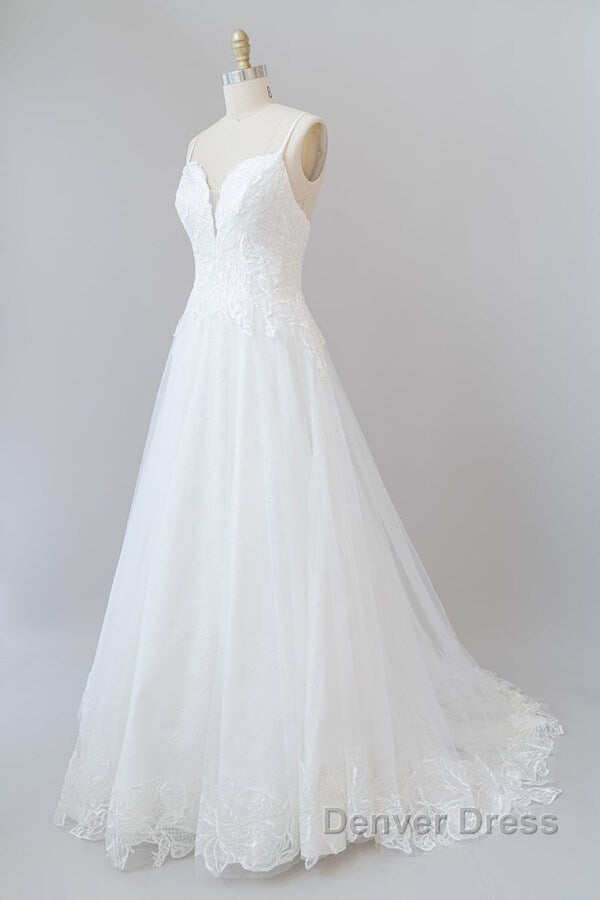 Long A-line Spaghetti Strap Applique Tulle Backless Wedding Dresses