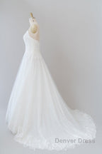 Long A-line Spaghetti Strap Applique Tulle Backless Wedding Dresses