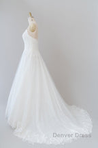 Long A Line Spaghetti Strap Applique Tulle Backless Wedding Dresses