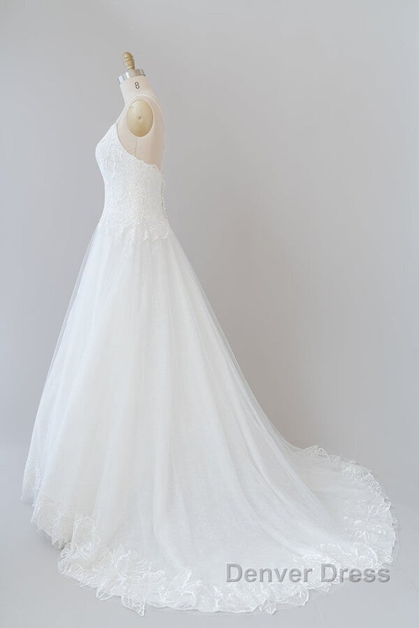 Long A Line Spaghetti Strap Applique Tulle Backless Wedding Dresses