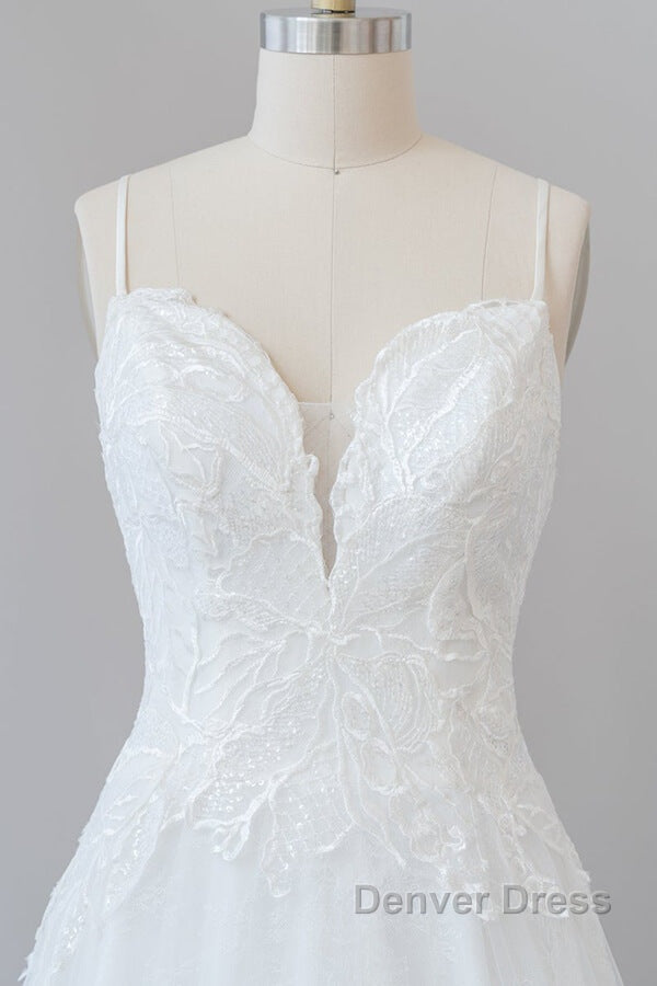 Long A-line Spaghetti Strap Applique Tulle Backless Wedding Dresses