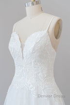 Long A-line Spaghetti Strap Applique Tulle Backless Wedding Dresses