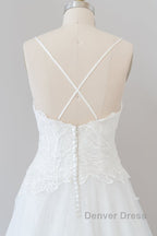 Long A-line Spaghetti Strap Applique Tulle Backless Wedding Dresses
