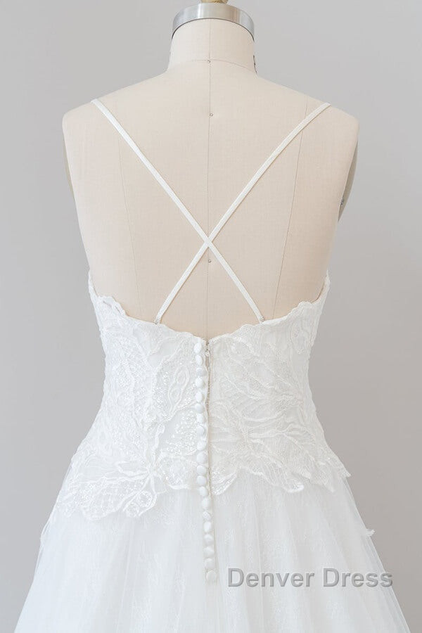 Long A-line Spaghetti Strap Applique Tulle Backless Wedding Dresses
