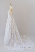 Long A-line Spaghetti Strap Lace Appliques Tulle Backless Wedding Dresses