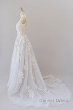 Long A Line Spaghetti Strap Lace Appliques Tulle Backless Wedding Dresses