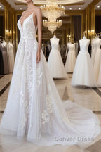 Long A-line Spaghetti Strap Lace Appliques Tulle Backless Wedding Dresses