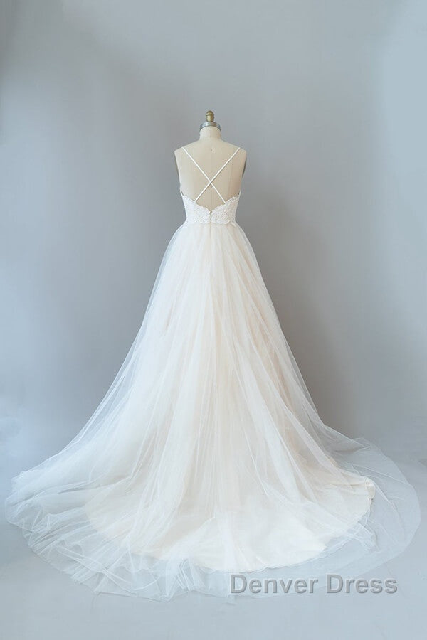 Long A Line Spaghetti Strap Lace Tulle Backless Wedding Dresses