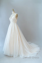 Long A-line Spaghetti Strap Lace Tulle Backless Wedding Dresses