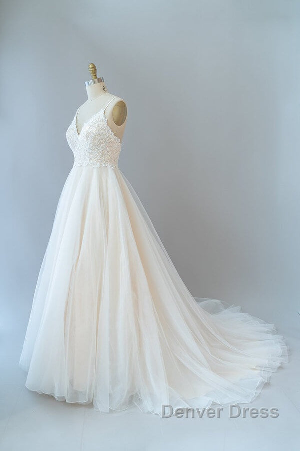 Long A Line Spaghetti Strap Lace Tulle Backless Wedding Dresses