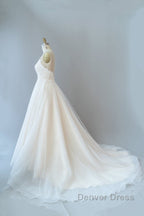 Long A-line Spaghetti Strap Lace Tulle Backless Wedding Dresses