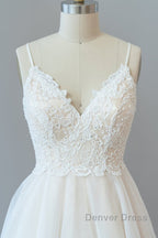 Long A Line Spaghetti Strap Lace Tulle Backless Wedding Dresses