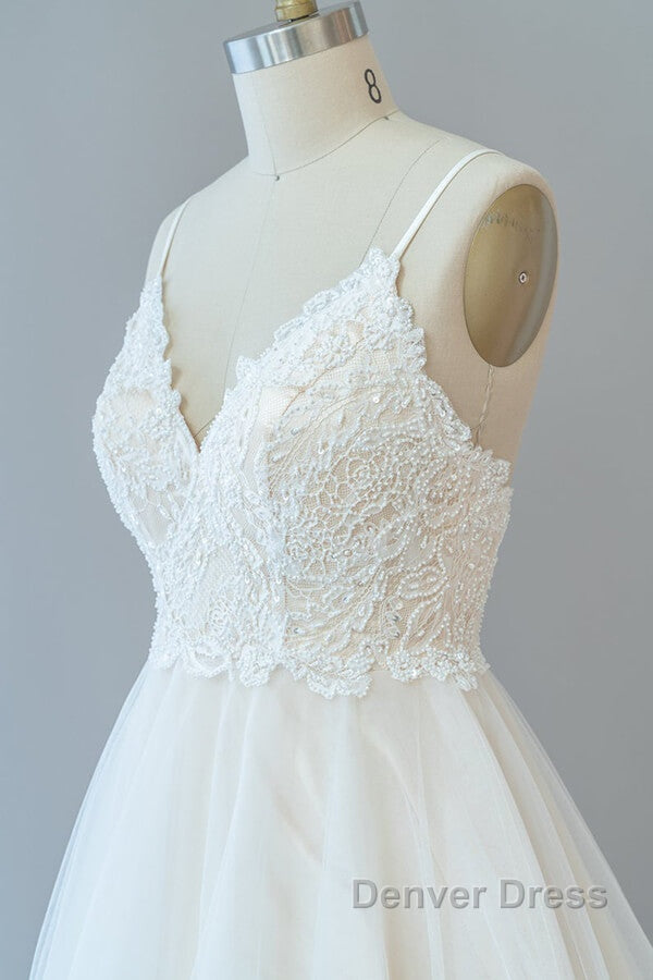 Long A-line Spaghetti Strap Lace Tulle Backless Wedding Dresses