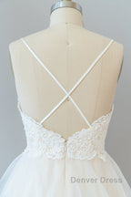 Long A-line Spaghetti Strap Lace Tulle Backless Wedding Dresses