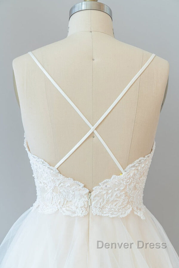 Long A-line Spaghetti Strap Lace Tulle Backless Wedding Dresses