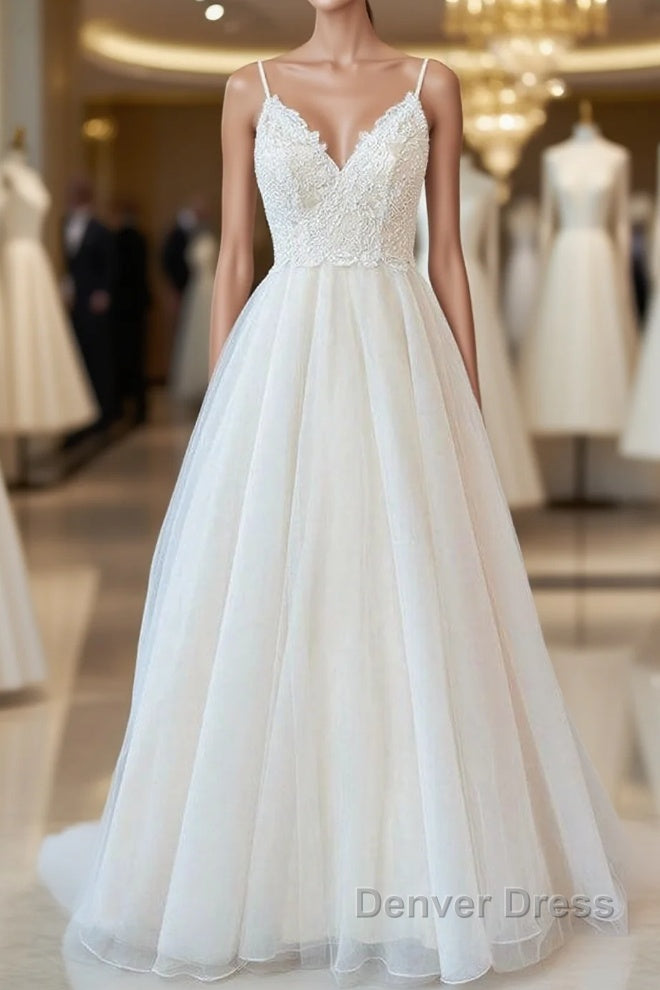 Long A-line Spaghetti Strap Lace Tulle Backless Wedding Dresses Main image