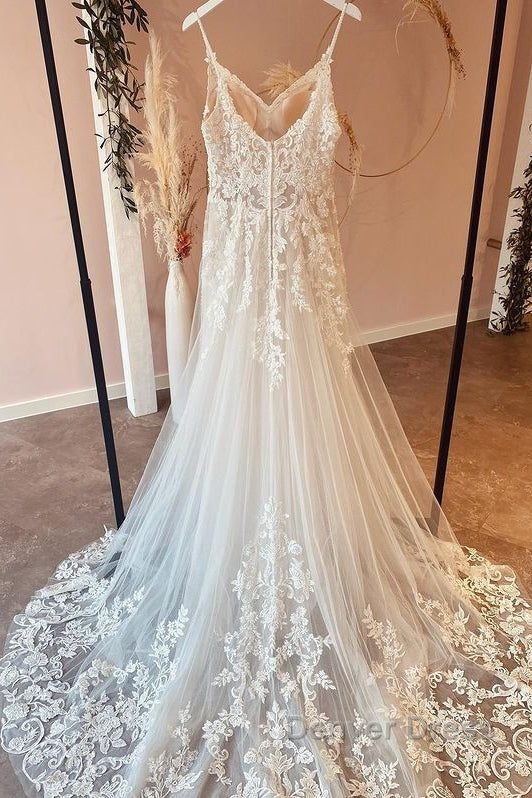 Long A-Line Spaghetti Straps Sweetheart Appliques Lace Tulle Wedding Dresses