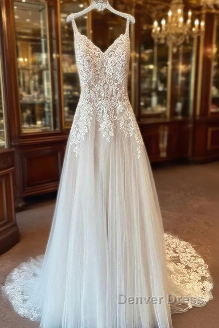Long A-Line Spaghetti Straps Sweetheart Appliques Lace Tulle Wedding Dresses Main image