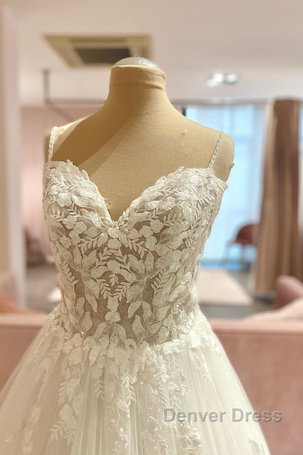 Long A Line Spaghetti Straps Sweetheart Floral Lace Tulle Wedding Dresses