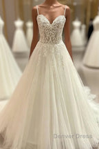 Long A-Line Spaghetti Straps Sweetheart Floral Lace Tulle Wedding Dresses