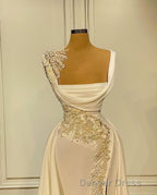 Long A-Line Square Neckline Satin Ivory Prom Dresses With Slit
