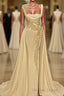 Long A-Line Square Neckline Satin Ivory Prom Dresses With Slit