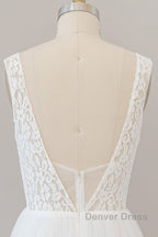 Long A-line Straps V-neck Chiffon Open Back Wedding Dresses