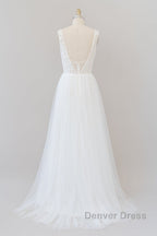 Long A-line Straps V-neck Chiffon Open Back Wedding Dresses