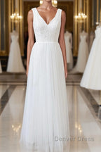 Long A Line Straps V Neck Chiffon Open Back Wedding Dresses