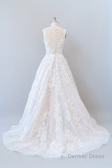 Long A-line Sweetheart Appliques Lace Tulle Wedding Dress