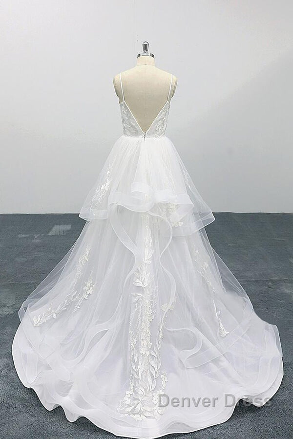 Long A Line Sweetheart Appliques Spaghetti Strap Tulle Wedding Dresses