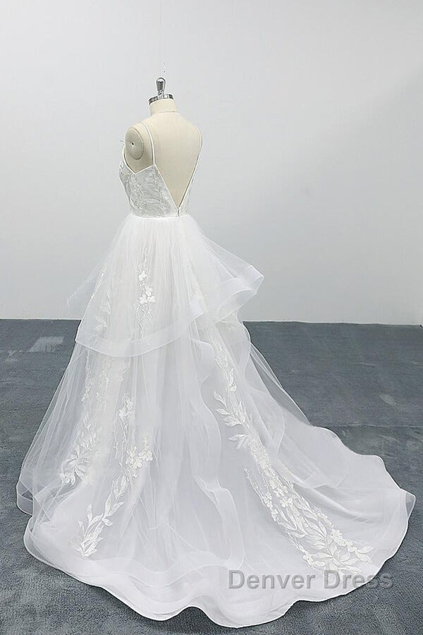 Long A Line Sweetheart Appliques Spaghetti Strap Tulle Wedding Dresses